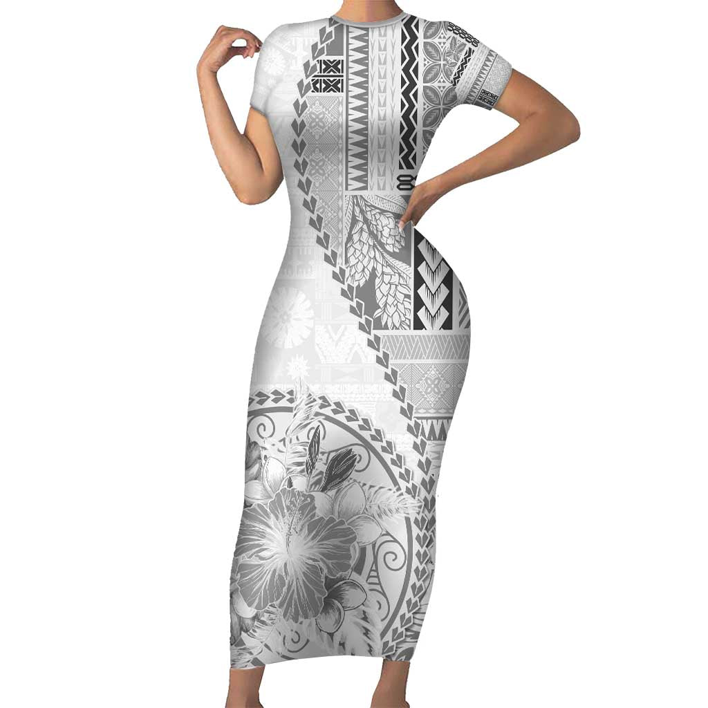 Samoa Siapo Elegant Family Matching Short Sleeve Bodycon Dress and Hawaiian Shirt Hibiscus White Motifs - Polynesian Pride