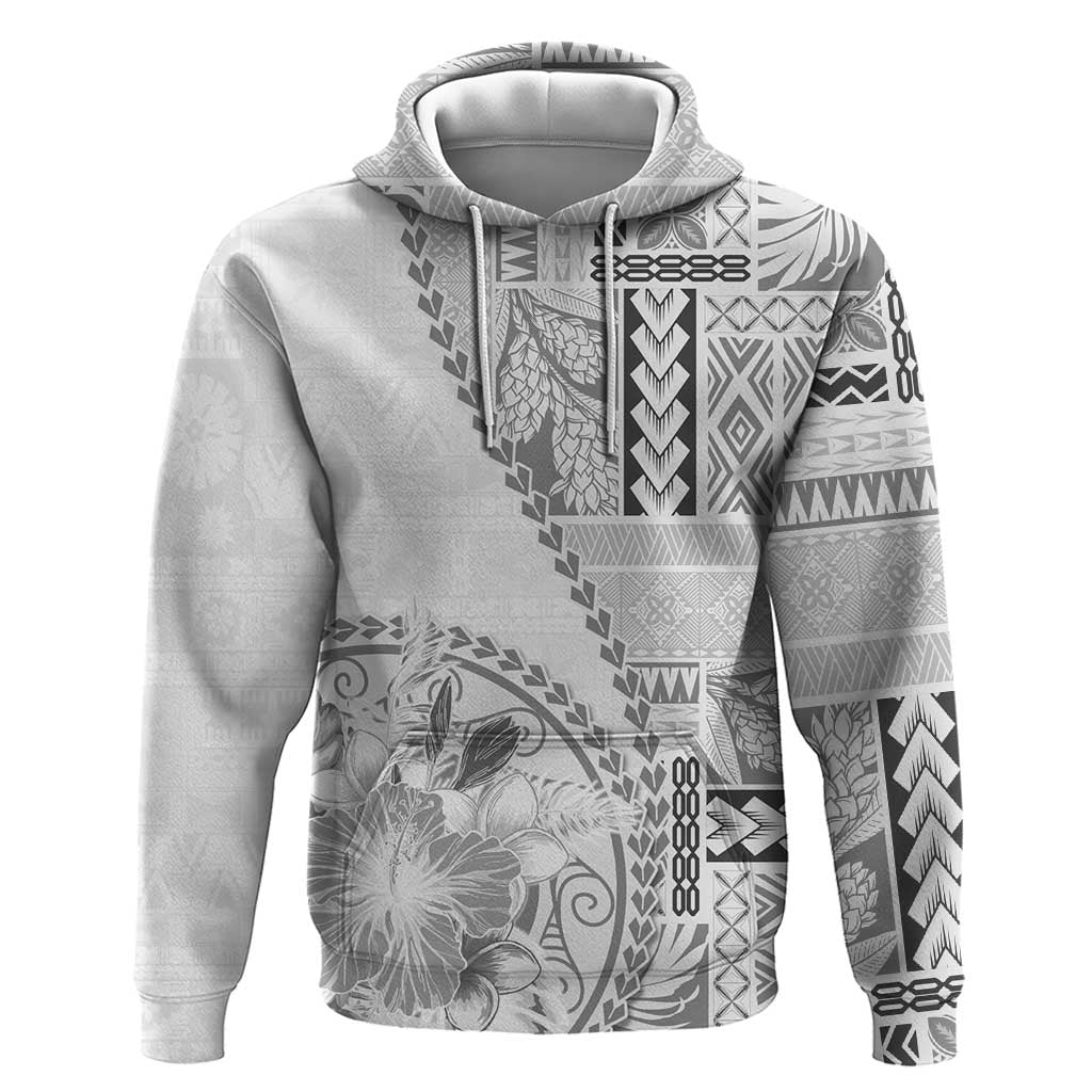 Samoa Siapo Elegant Hoodie Hibiscus White Motifs - Polynesian Pride