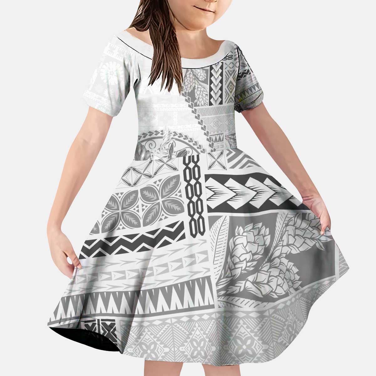 Samoa Siapo Elegant Kid Short Sleeve Dress Hibiscus White Motifs - Polynesian Pride