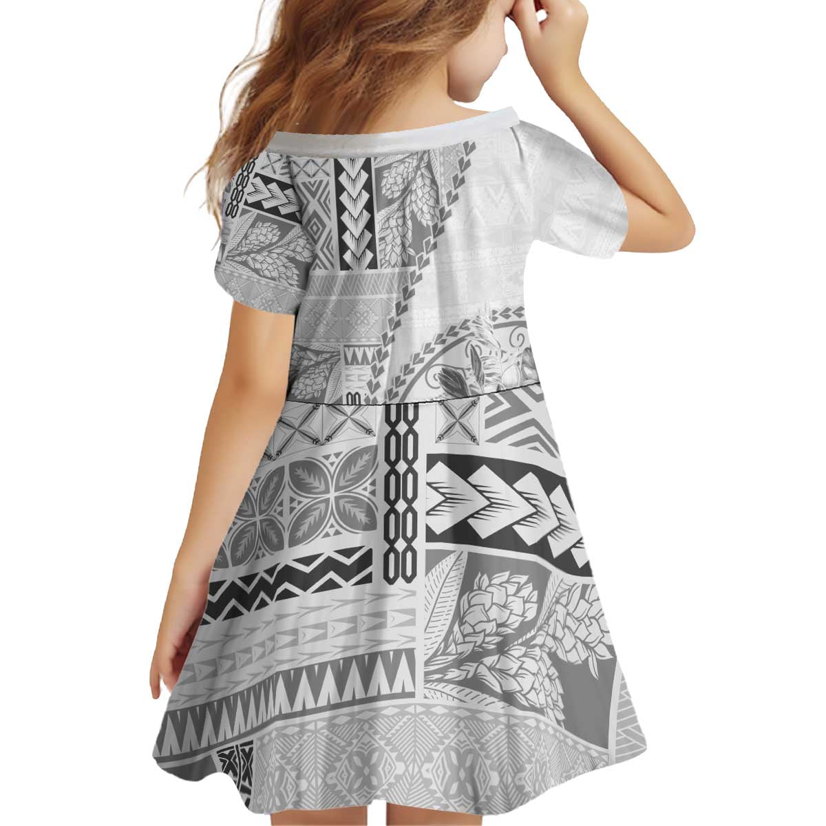 Samoa Siapo Elegant Kid Short Sleeve Dress Hibiscus White Motifs - Polynesian Pride