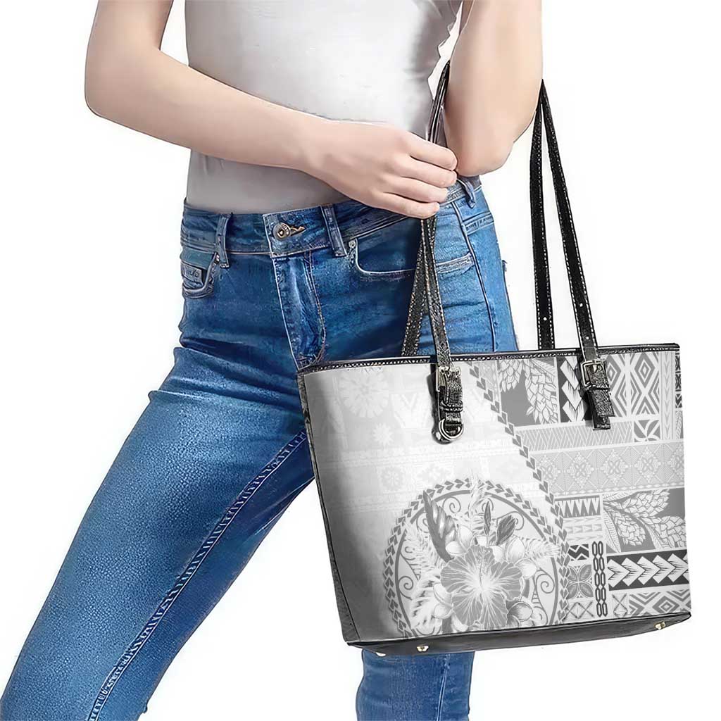 Samoa Siapo Elegant Leather Tote Bag Hibiscus White Motifs - Polynesian Pride