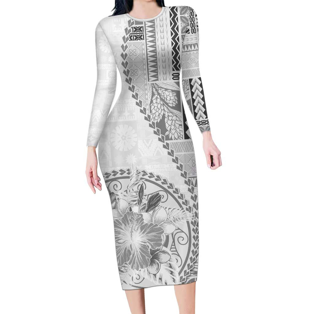 Samoa Siapo Elegant Long Sleeve Bodycon Dress Hibiscus White Motifs - Polynesian Pride