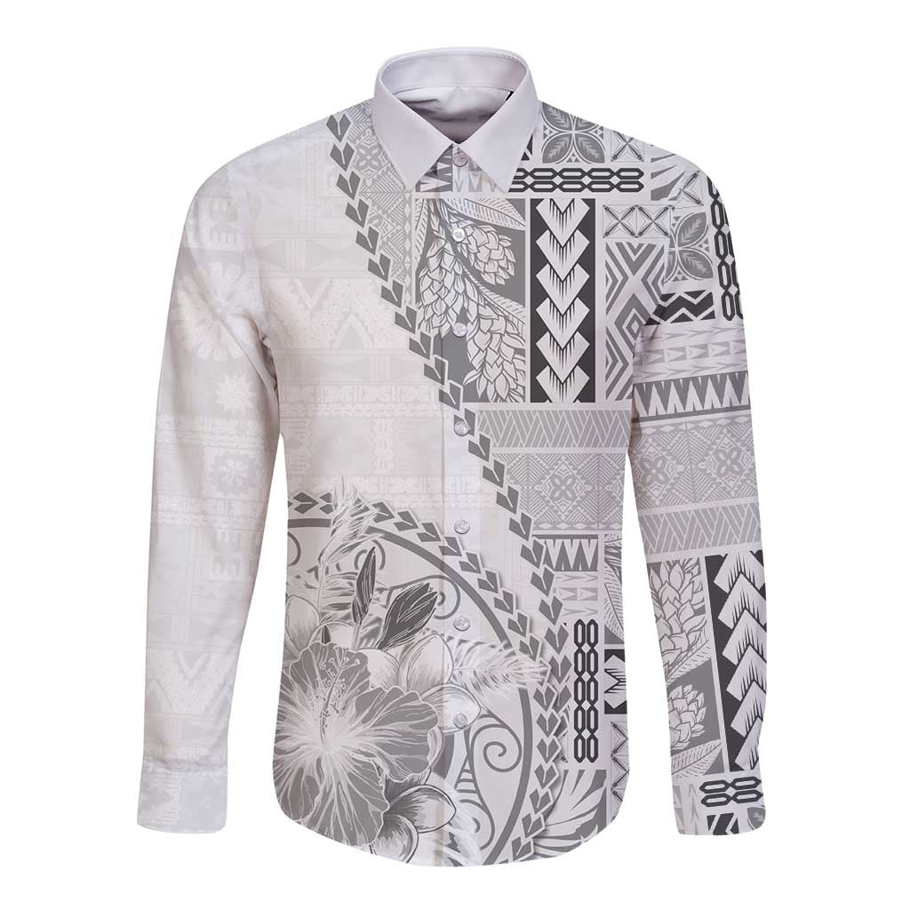 Samoa Siapo Elegant Long Sleeve Button Shirt Hibiscus White Motifs - Polynesian Pride