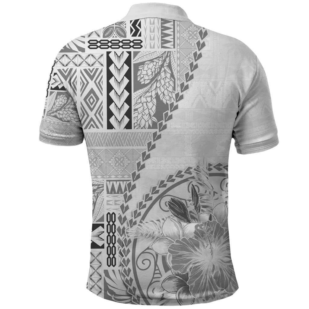 Samoa Siapo Elegant Polo Shirt Hibiscus White Motifs - Polynesian Pride
