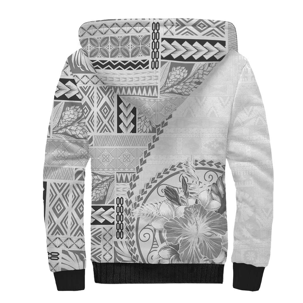 Samoa Siapo Elegant Sherpa Hoodie Hibiscus White Motifs - Polynesian Pride