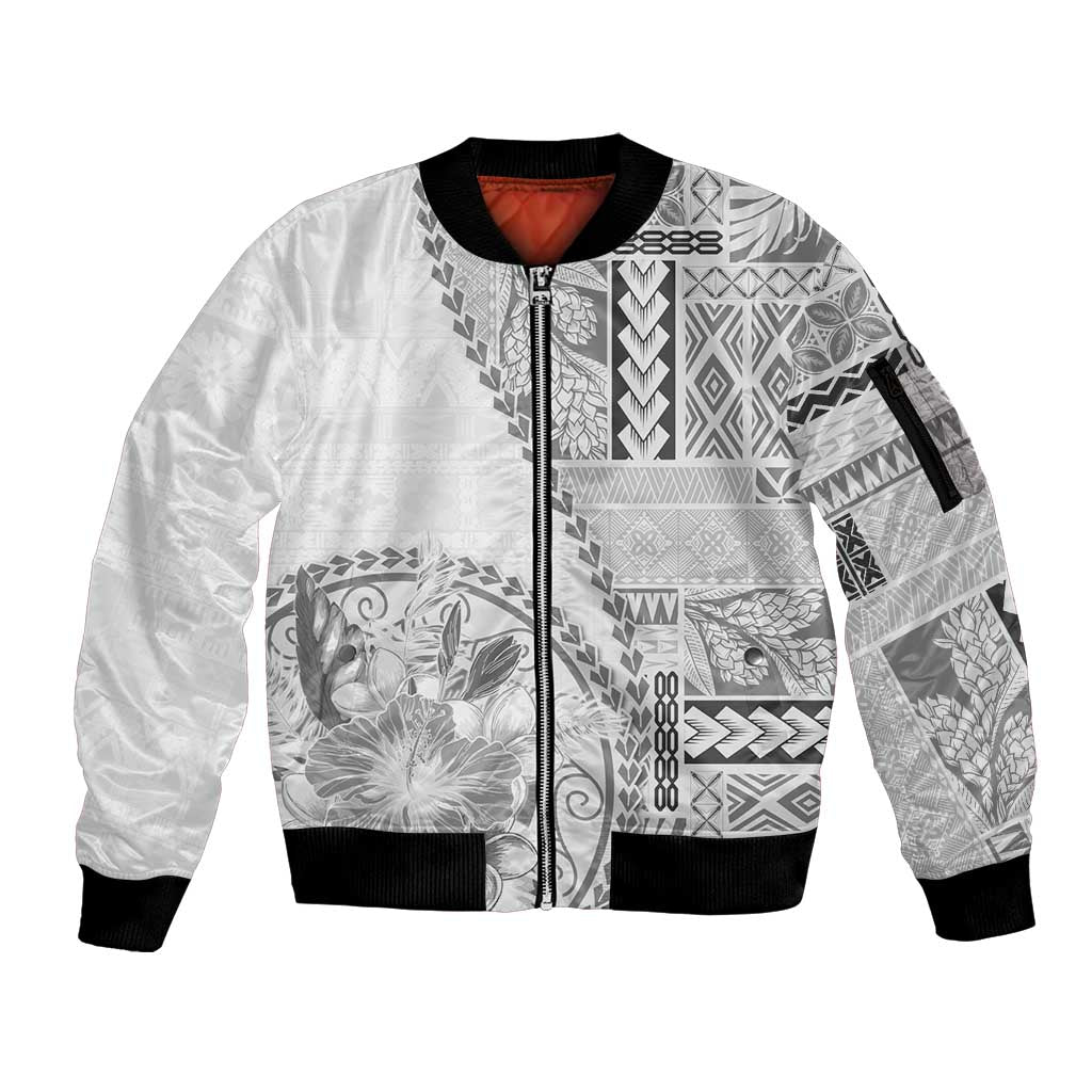 Samoa Siapo Elegant Sleeve Zip Bomber Jacket Hibiscus White Motifs LT05 Unisex White - Polynesian Pride