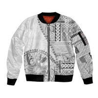 Samoa Siapo Elegant Sleeve Zip Bomber Jacket Hibiscus White Motifs LT05 Unisex White - Polynesian Pride