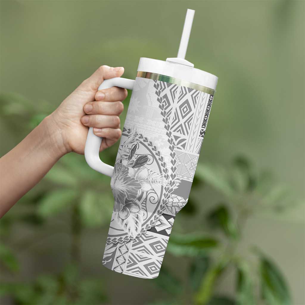 Samoa Siapo Elegant Tumbler With Handle Hibiscus White Motifs - Polynesian Pride