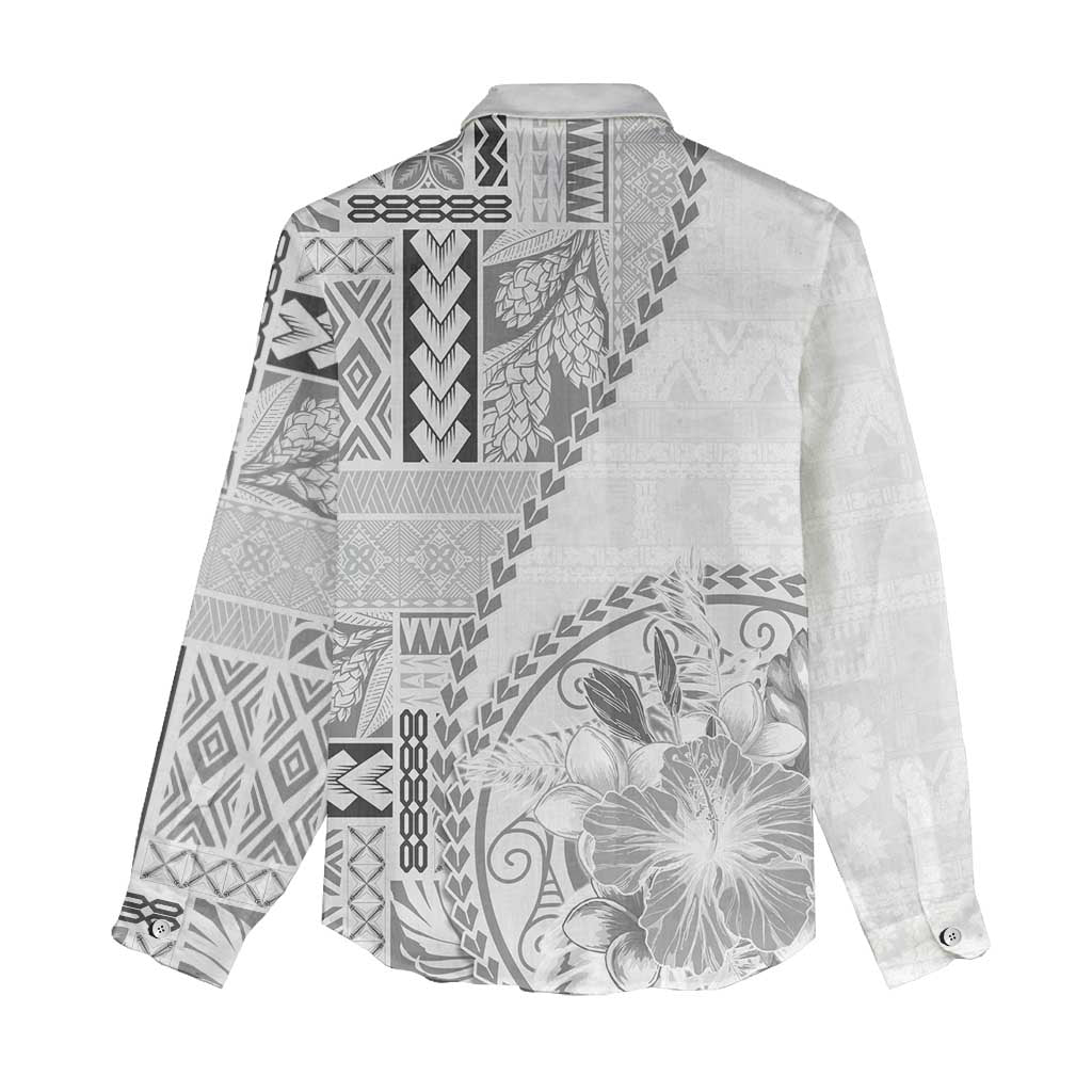 Samoa Siapo Elegant Women Casual Shirt Hibiscus White Motifs - Polynesian Pride