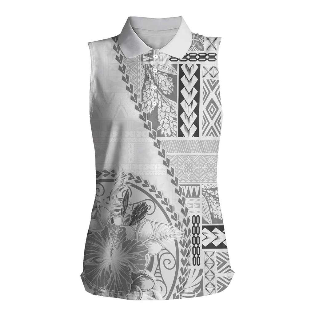 Samoa Siapo Elegant Women Sleeveless Polo Shirt Hibiscus White Motifs LT05 Female White - Polynesian Pride