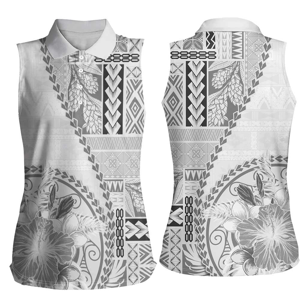 Samoa Siapo Elegant Women Sleeveless Polo Shirt Hibiscus White Motifs LT05 - Polynesian Pride