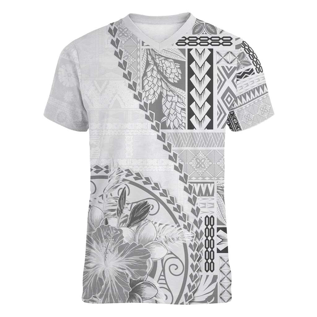 Samoa Siapo Elegant Women V-Neck T-Shirt Hibiscus White Motifs - Polynesian Pride