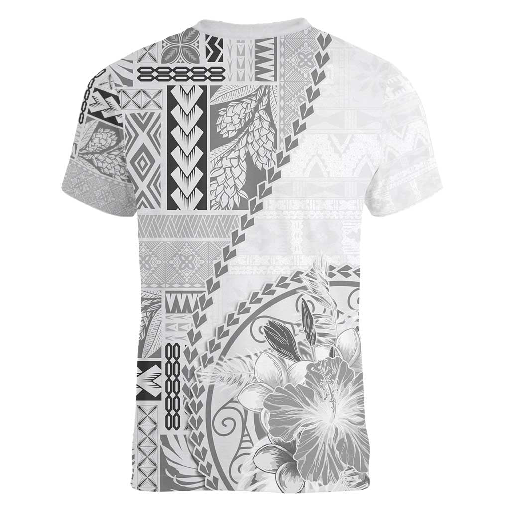 Samoa Siapo Elegant Women V-Neck T-Shirt Hibiscus White Motifs - Polynesian Pride