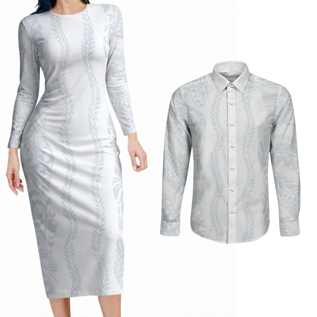 Samoa Lotu Tamaiti Couples Matching Long Sleeve Bodycon Dress and Long Sleeve Button Shirt Teuila With Tribal Motifs