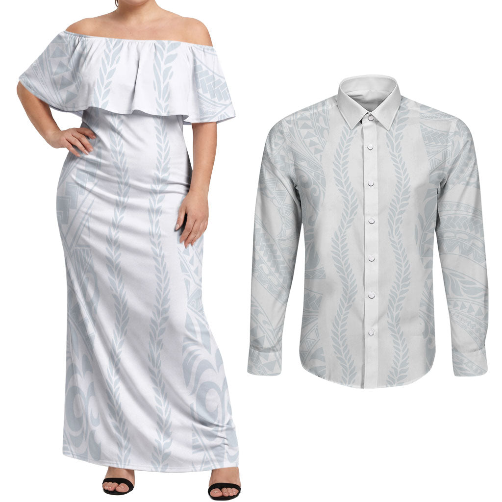 Samoa Lotu Tamaiti Couples Matching Off Shoulder Maxi Dress and Long Sleeve Button Shirt Teuila With Tribal Motifs