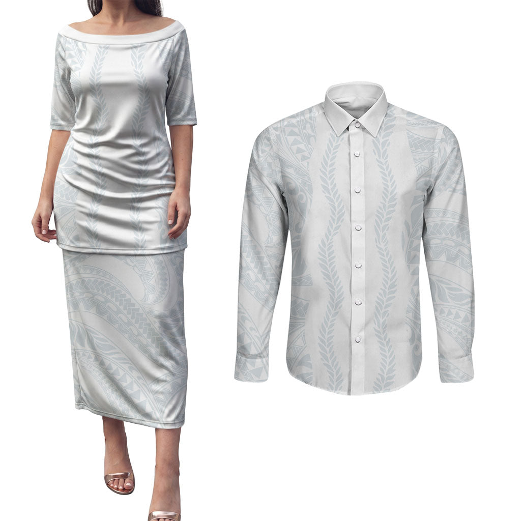 Samoa Lotu Tamaiti Couples Matching Puletasi and Long Sleeve Button Shirt Teuila With Tribal Motifs