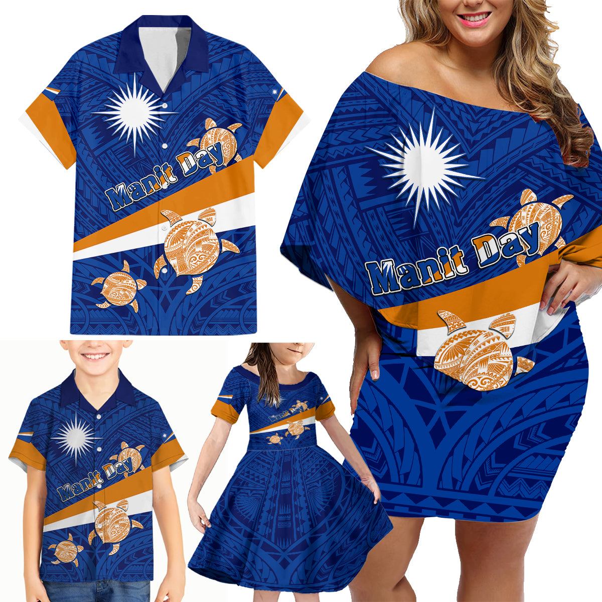 Marshall Islands Family Matching Off Shoulder Short Dress and Hawaiian Shirt Manit Day Coat Of Arms With Polynesian Turtle LT05 - Polynesian Pride