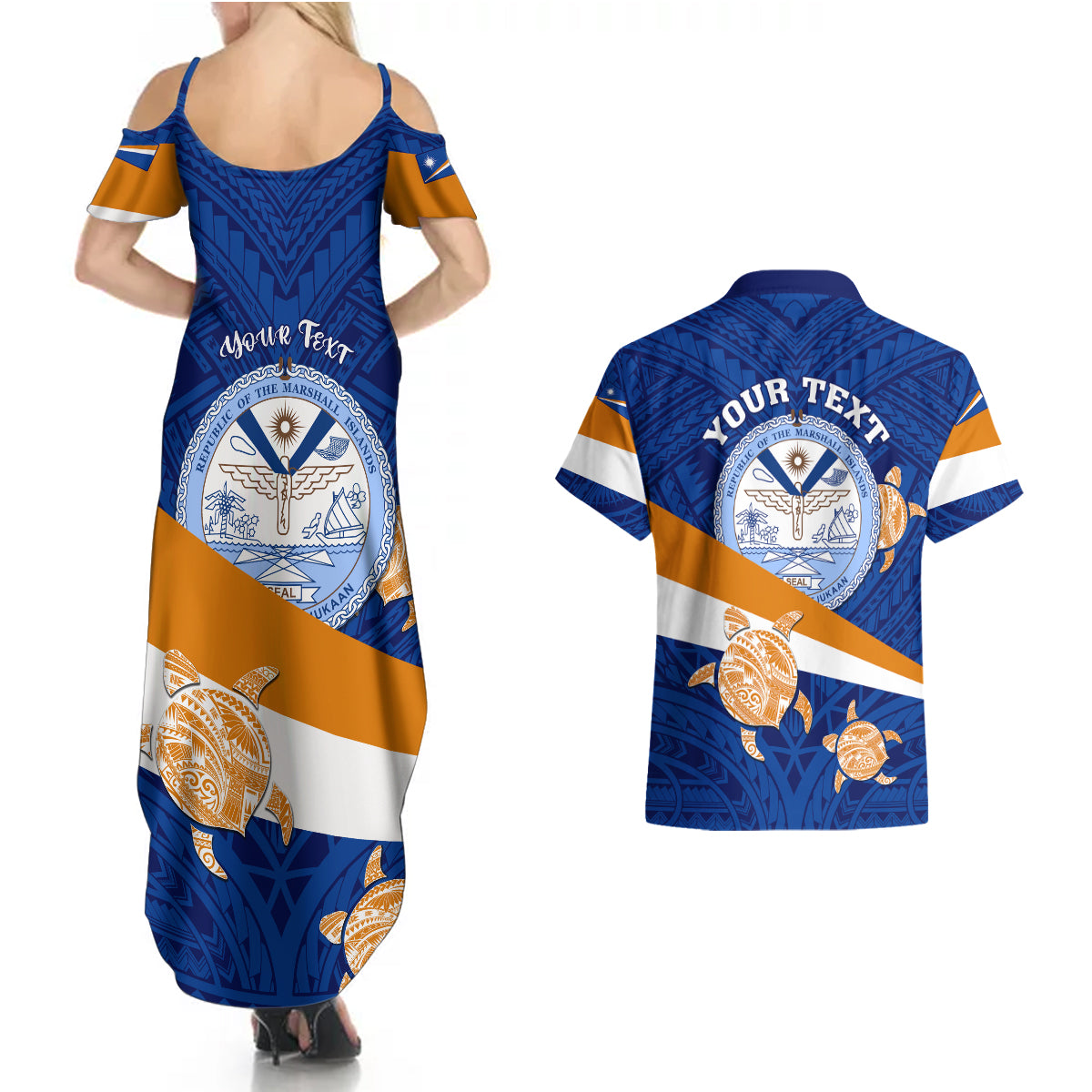 Personalized Marshall Islands Couples Matching Summer Maxi Dress and Hawaiian Shirt Manit Day Coat Of Arms With Polynesian Turtle LT05 - Polynesian Pride