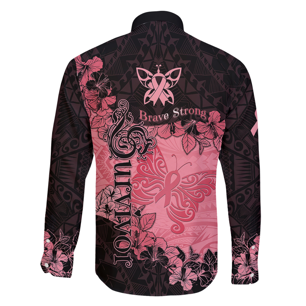Breast Cancer Family Matching Off Shoulder Long Sleeve Dress and Hawaiian Shirt Survivor Polynesian Ribbon Butterfly LT05 - Polynesian Pride