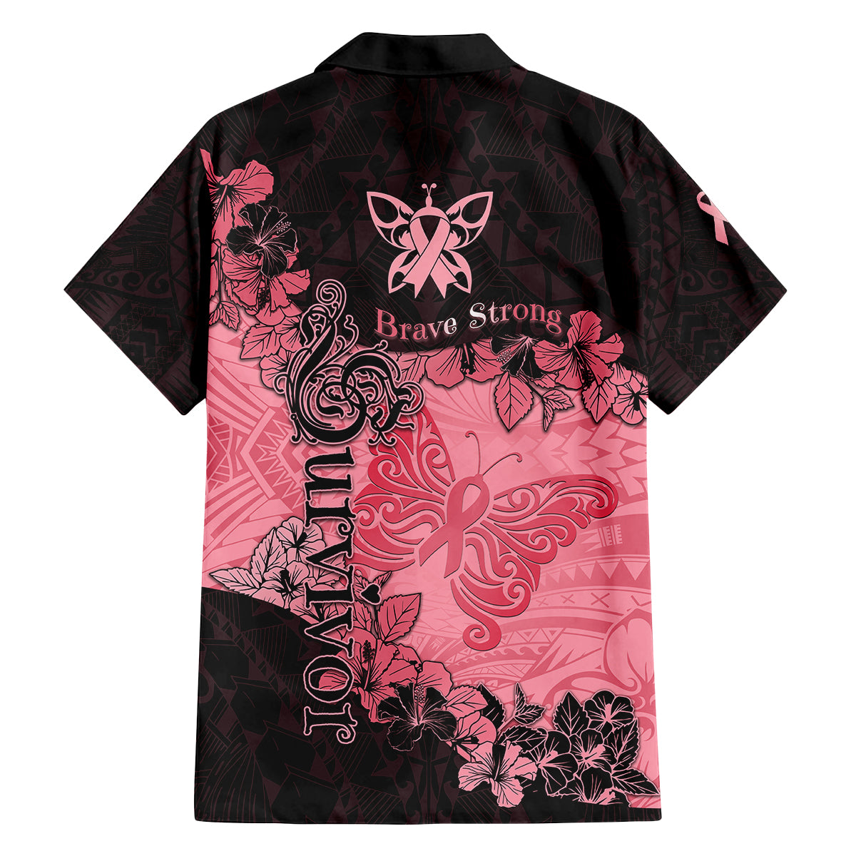 Breast Cancer Family Matching Off Shoulder Short Dress and Hawaiian Shirt Survivor Polynesian Ribbon Butterfly LT05 - Polynesian Pride
