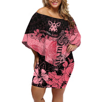 Breast Cancer Family Matching Off Shoulder Short Dress and Hawaiian Shirt Survivor Polynesian Ribbon Butterfly LT05 Mom's Dress Pink - Polynesian Pride