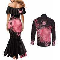 Personalized Breast Cancer Couples Matching Mermaid Dress and Long Sleeve Button Shirts Survivor Polynesian Ribbon Butterfly LT05 - Polynesian Pride