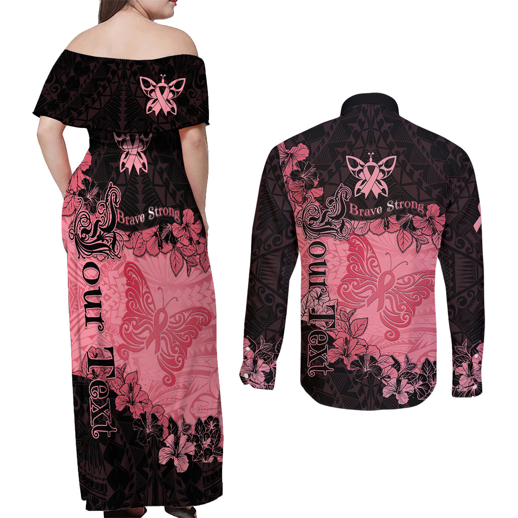 Personalized Breast Cancer Couples Matching Off Shoulder Maxi Dress and Long Sleeve Button Shirts Survivor Polynesian Ribbon Butterfly LT05 - Polynesian Pride
