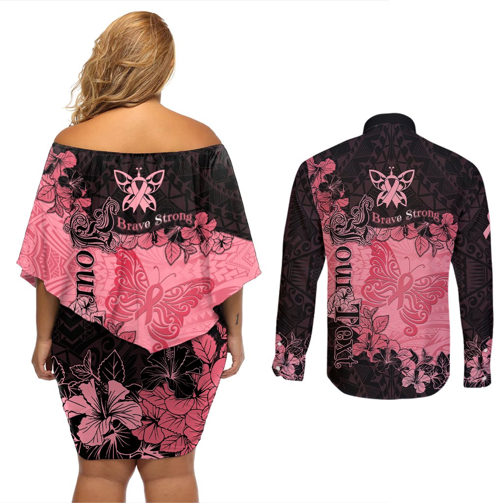 Personalized Breast Cancer Couples Matching Off Shoulder Short Dress and Long Sleeve Button Shirts Survivor Polynesian Ribbon Butterfly LT05 - Polynesian Pride