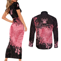Personalized Breast Cancer Couples Matching Short Sleeve Bodycon Dress and Long Sleeve Button Shirts Survivor Polynesian Ribbon Butterfly LT05 - Polynesian Pride