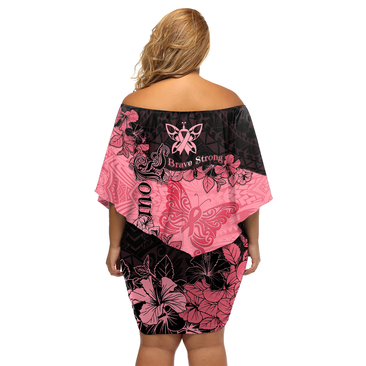 Personalized Breast Cancer Family Matching Off Shoulder Short Dress and Hawaiian Shirt Survivor Polynesian Ribbon Butterfly LT05 - Polynesian Pride