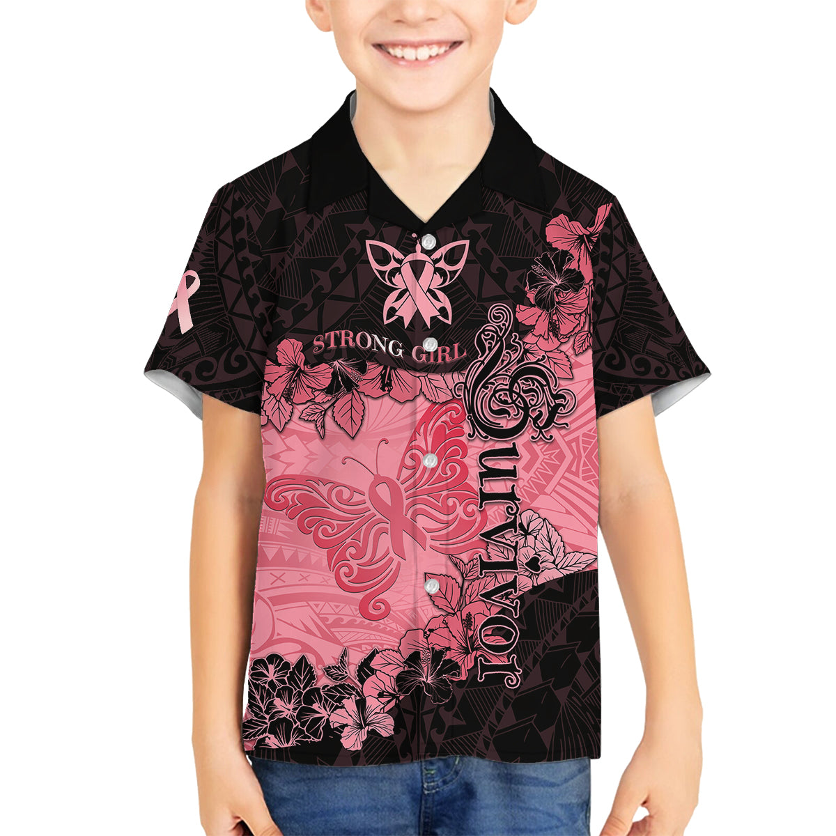 Personalized Breast Cancer Family Matching Puletasi Dress and Hawaiian Shirt Survivor Polynesian Ribbon Butterfly LT05 Son's Shirt Pink - Polynesian Pride