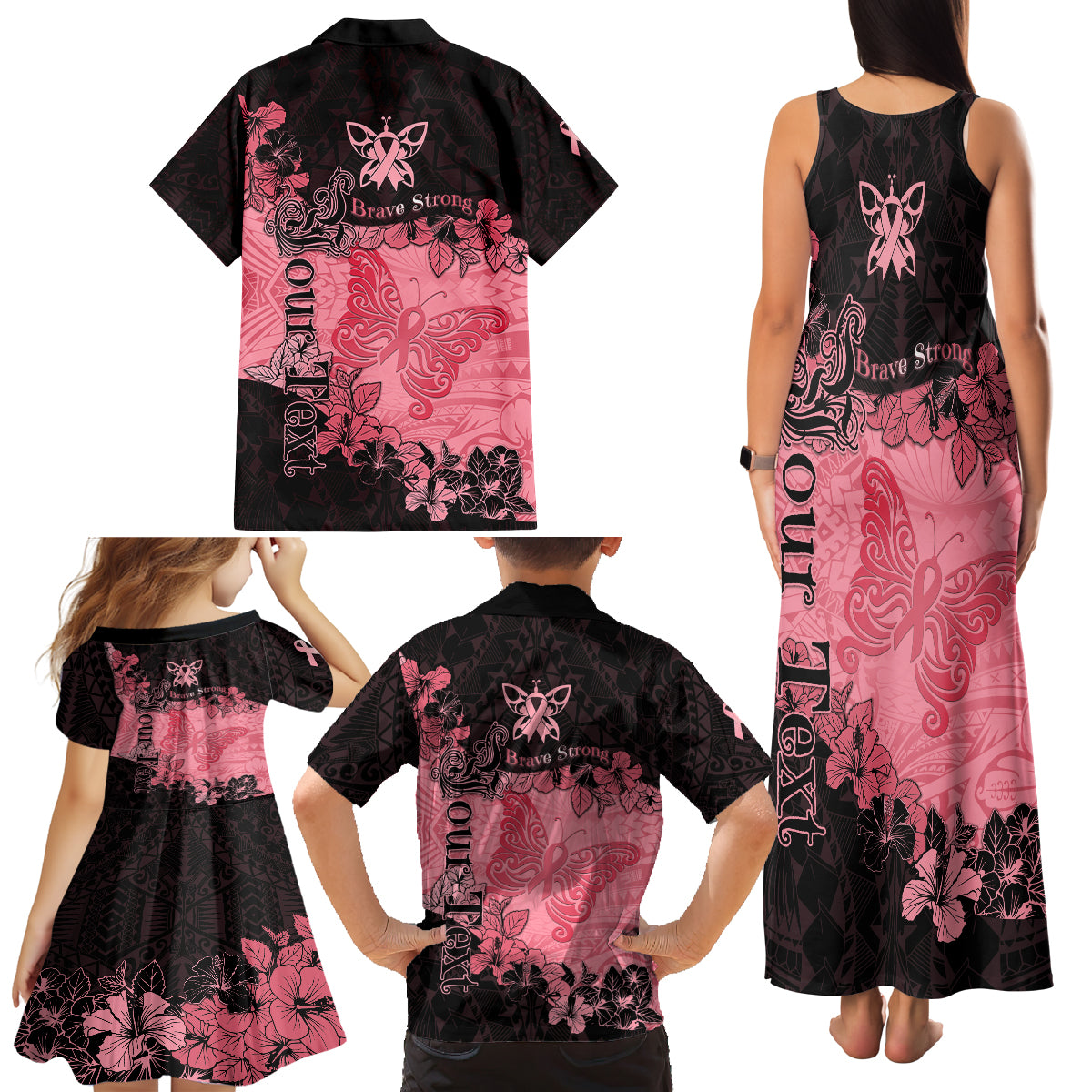Personalized Breast Cancer Family Matching Tank Maxi Dress and Hawaiian Shirt Survivor Polynesian Ribbon Butterfly LT05 - Polynesian Pride