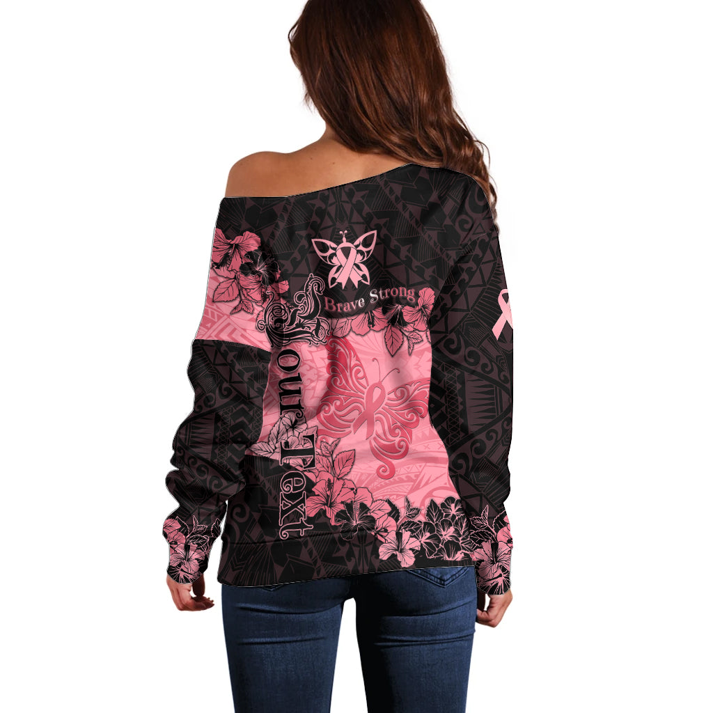 Personalized Breast Cancer Off Shoulder Sweater Survivor Polynesian Ribbon Butterfly LT05 - Polynesian Pride