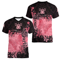 Personalized Breast Cancer Women V Neck T Shirt Survivor Polynesian Ribbon Butterfly LT05 - Polynesian Pride