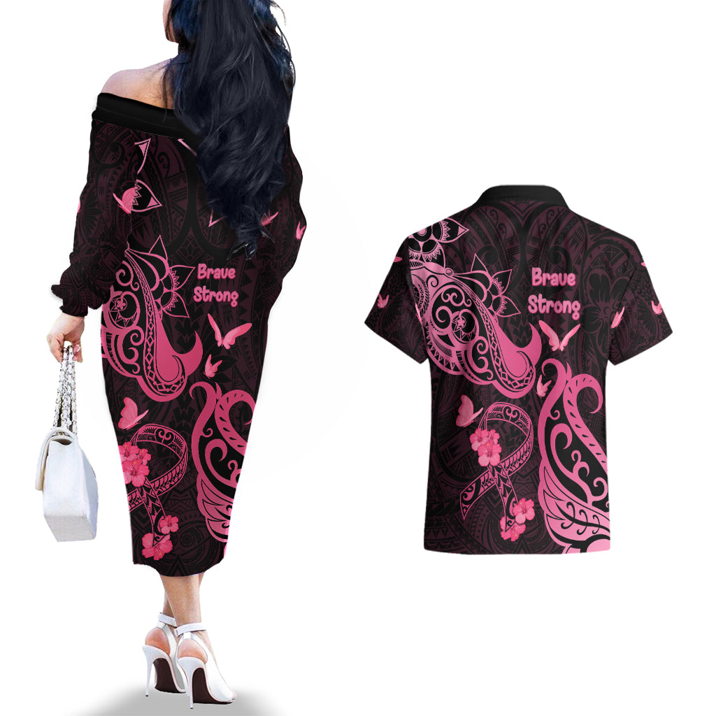 Breast Cancer Awareness Couples Matching Off The Shoulder Long Sleeve Dress and Hawaiian Shirt Ribbon Polynesian Pattern Black Version LT05 - Polynesian Pride