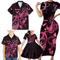 Breast Cancer Awareness Family Matching Short Sleeve Bodycon Dress and Hawaiian Shirt Ribbon Polynesian Pattern Black Version LT05 - Polynesian Pride