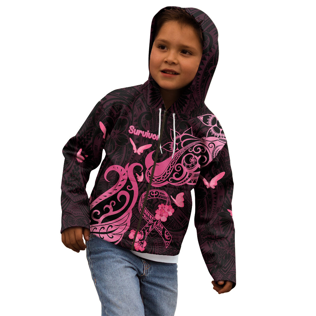 Breast Cancer Awareness Kid Hoodie Ribbon Polynesian Pattern Black Version LT05 - Polynesian Pride