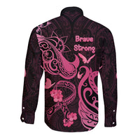 Breast Cancer Awareness Long Sleeve Button Shirt Ribbon Polynesian Pattern Black Version LT05 - Polynesian Pride