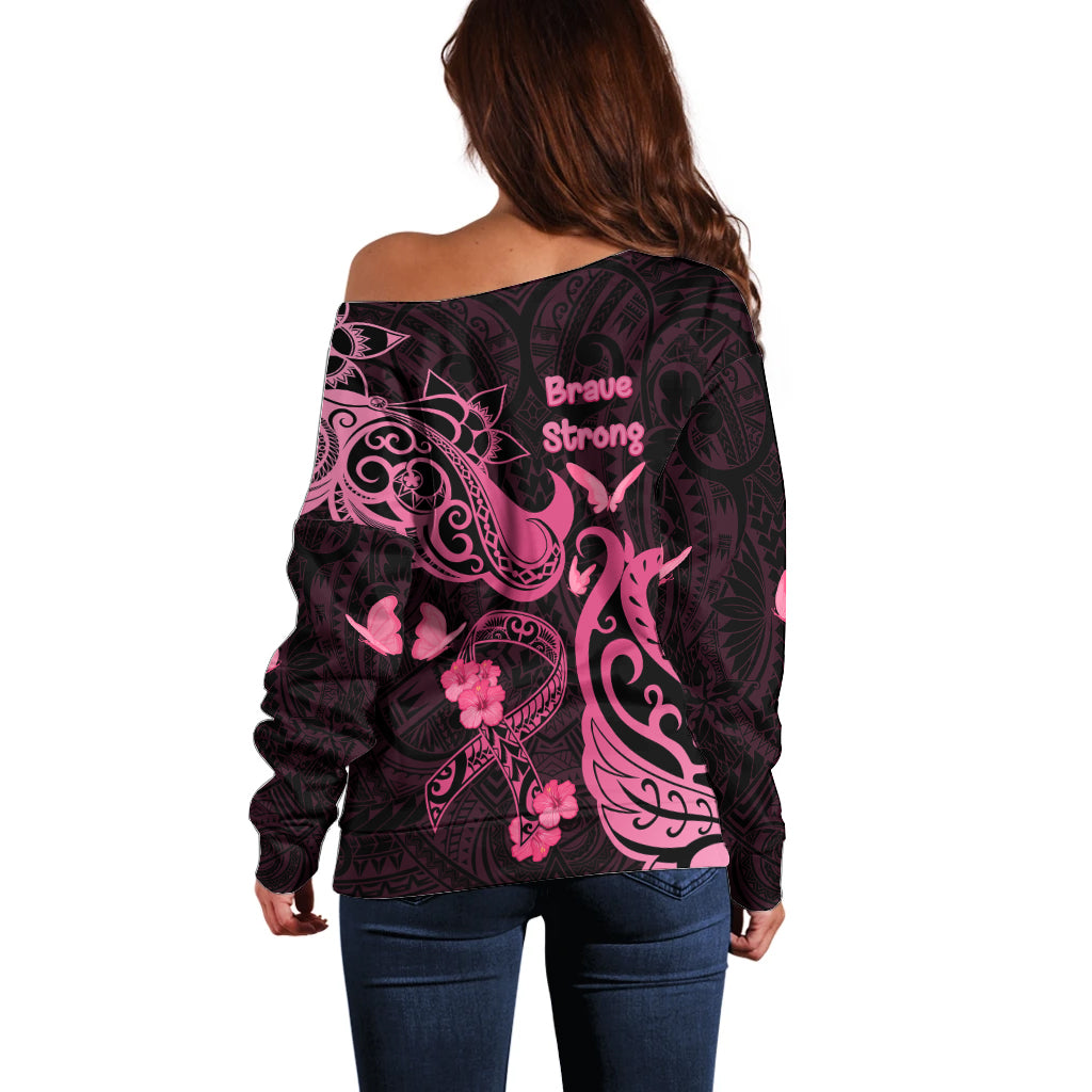 Breast Cancer Awareness Off Shoulder Sweater Ribbon Polynesian Pattern Black Version LT05 - Polynesian Pride