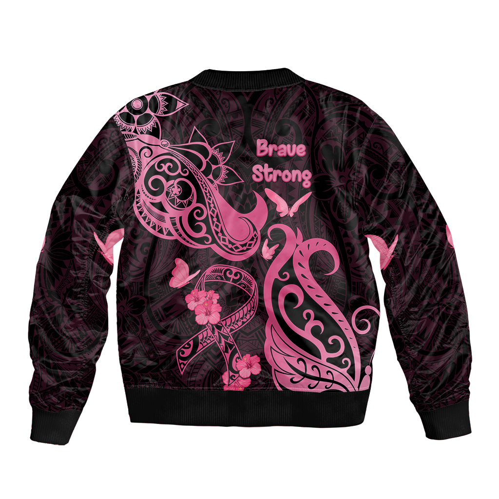 Breast Cancer Awareness Sleeve Zip Bomber Jacket Ribbon Polynesian Pattern Black Version LT05 - Polynesian Pride