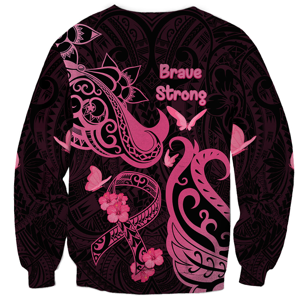 Breast Cancer Awareness Sweatshirt Ribbon Polynesian Pattern Black Version LT05 - Polynesian Pride