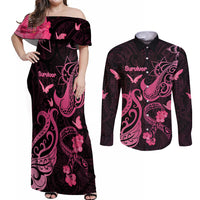 Personalized Breast Cancer Awareness Couples Matching Off Shoulder Maxi Dress and Long Sleeve Button Shirts Ribbon Polynesian Pattern Black Version LT05 Black - Polynesian Pride