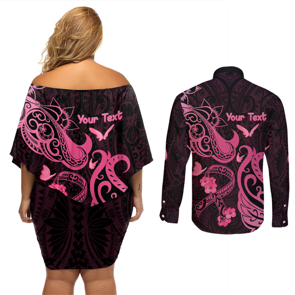 Personalized Breast Cancer Awareness Couples Matching Off Shoulder Short Dress and Long Sleeve Button Shirts Ribbon Polynesian Pattern Black Version LT05 - Polynesian Pride