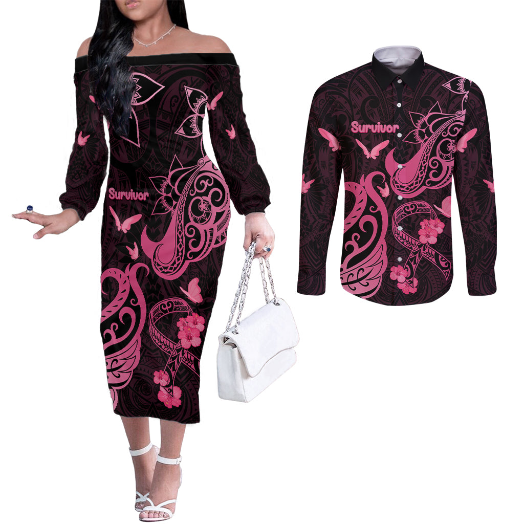 Personalized Breast Cancer Awareness Couples Matching Off The Shoulder Long Sleeve Dress and Long Sleeve Button Shirts Ribbon Polynesian Pattern Black Version LT05 Black - Polynesian Pride