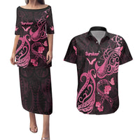 Personalized Breast Cancer Awareness Couples Matching Puletasi Dress and Hawaiian Shirt Ribbon Polynesian Pattern Black Version LT05 Black - Polynesian Pride