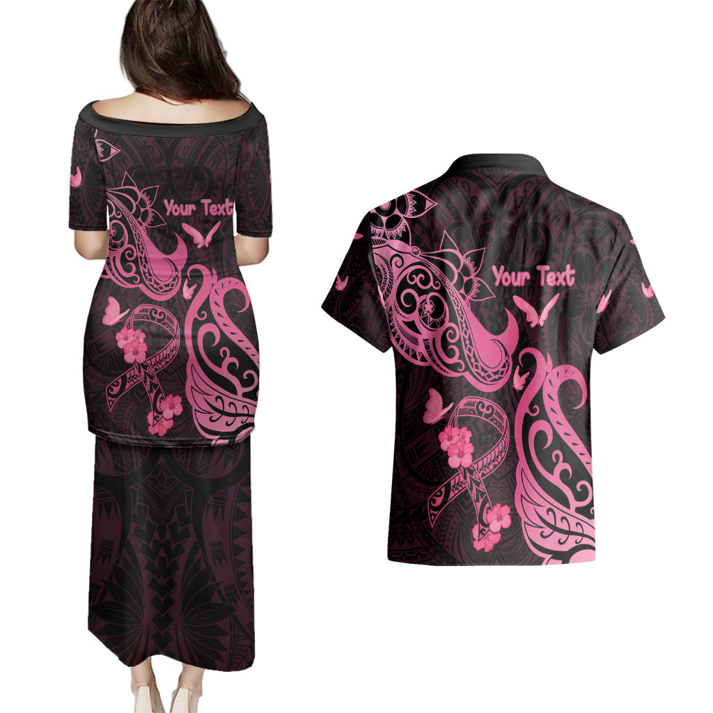 Personalized Breast Cancer Awareness Couples Matching Puletasi Dress and Hawaiian Shirt Ribbon Polynesian Pattern Black Version LT05 - Polynesian Pride