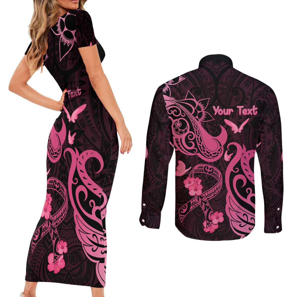 Personalized Breast Cancer Awareness Couples Matching Short Sleeve Bodycon Dress and Long Sleeve Button Shirts Ribbon Polynesian Pattern Black Version LT05 - Polynesian Pride