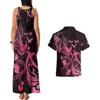 Personalized Breast Cancer Awareness Couples Matching Tank Maxi Dress and Hawaiian Shirt Ribbon Polynesian Pattern Black Version LT05 - Polynesian Pride