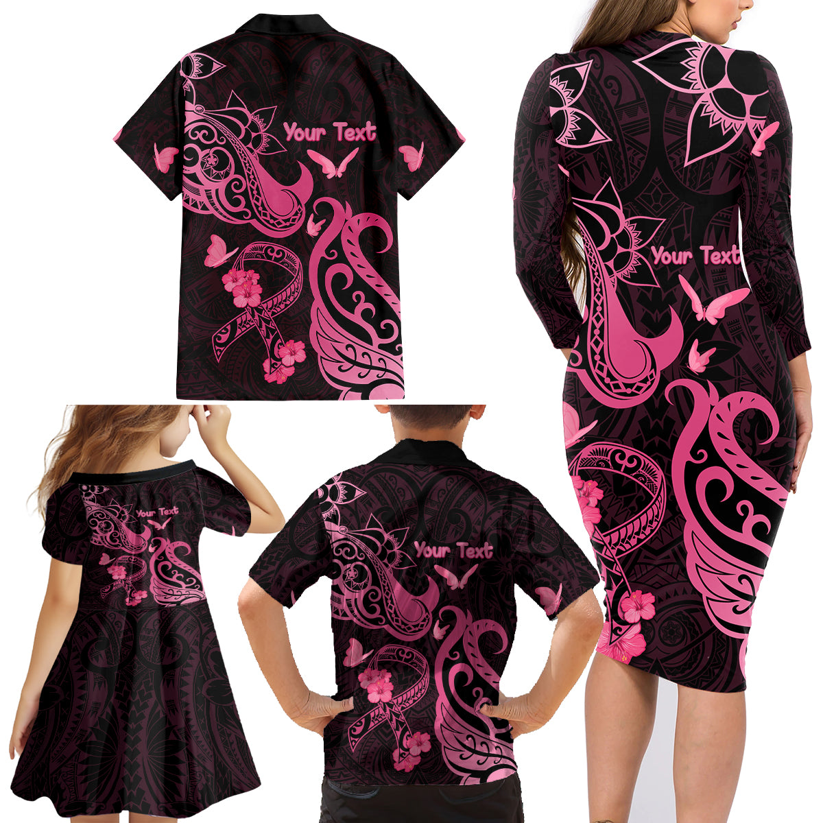 Personalized Breast Cancer Awareness Family Matching Long Sleeve Bodycon Dress and Hawaiian Shirt Ribbon Polynesian Pattern Black Version LT05 - Polynesian Pride