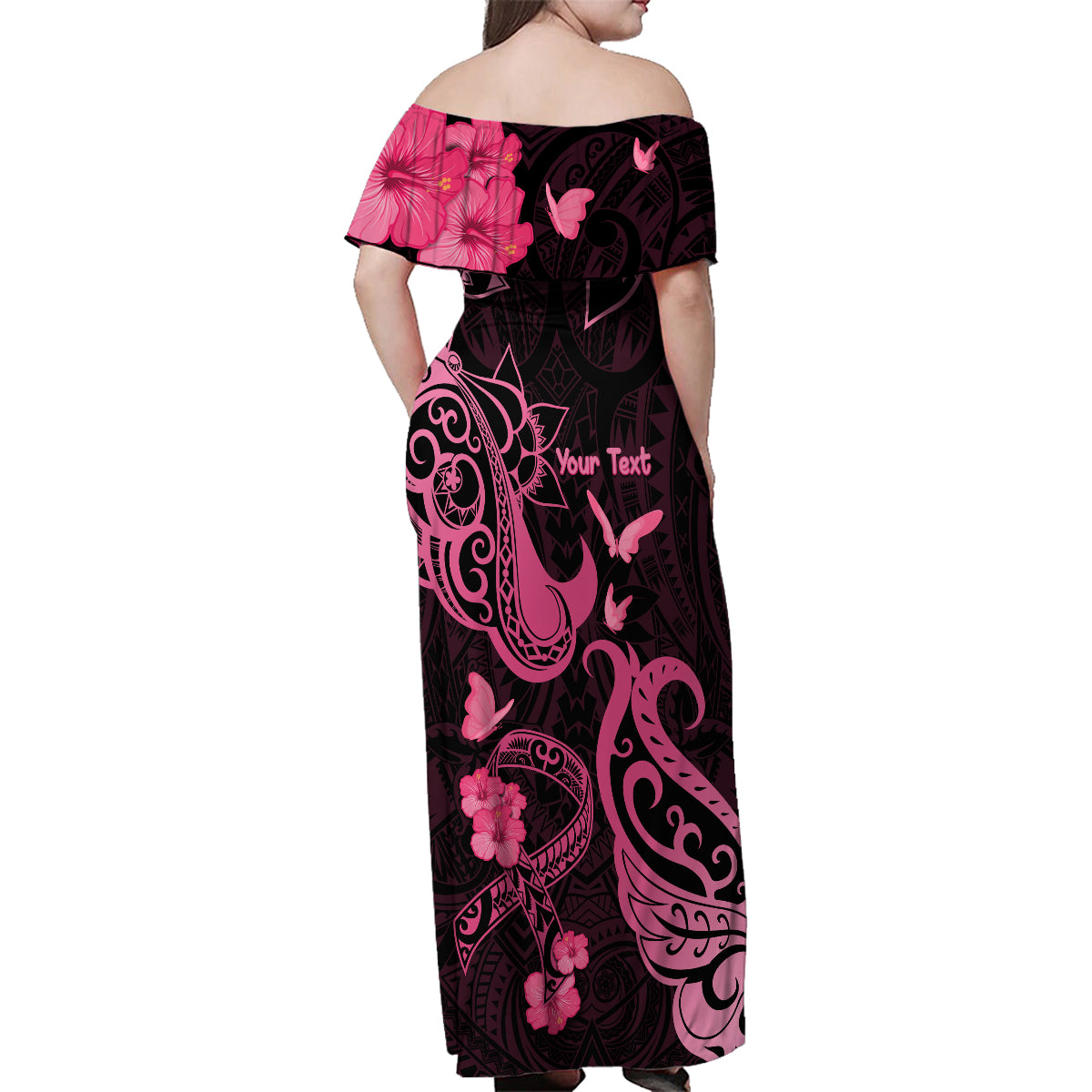 Personalized Breast Cancer Awareness Family Matching Off Shoulder Maxi Dress and Hawaiian Shirt Ribbon Polynesian Pattern Black Version LT05 - Polynesian Pride